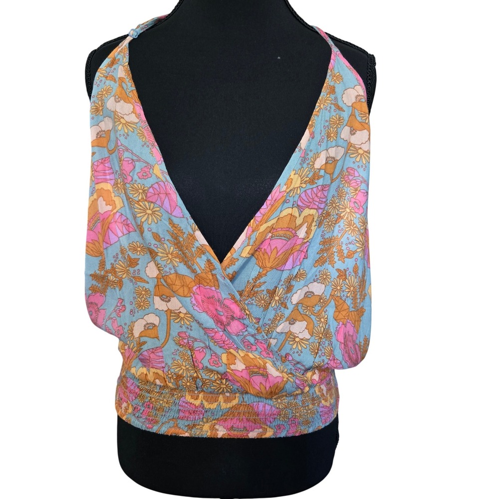 Willow + Root NWT Floral Surplice Smocked Hem Tank Top Multi Color Small NWT